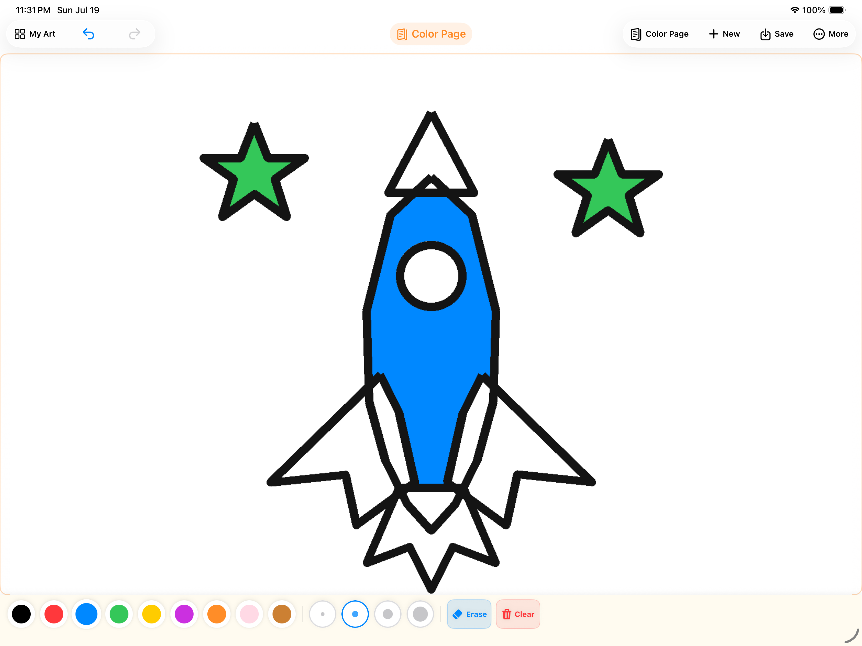 Drawing Board for Kids coloring canvas with rocket page