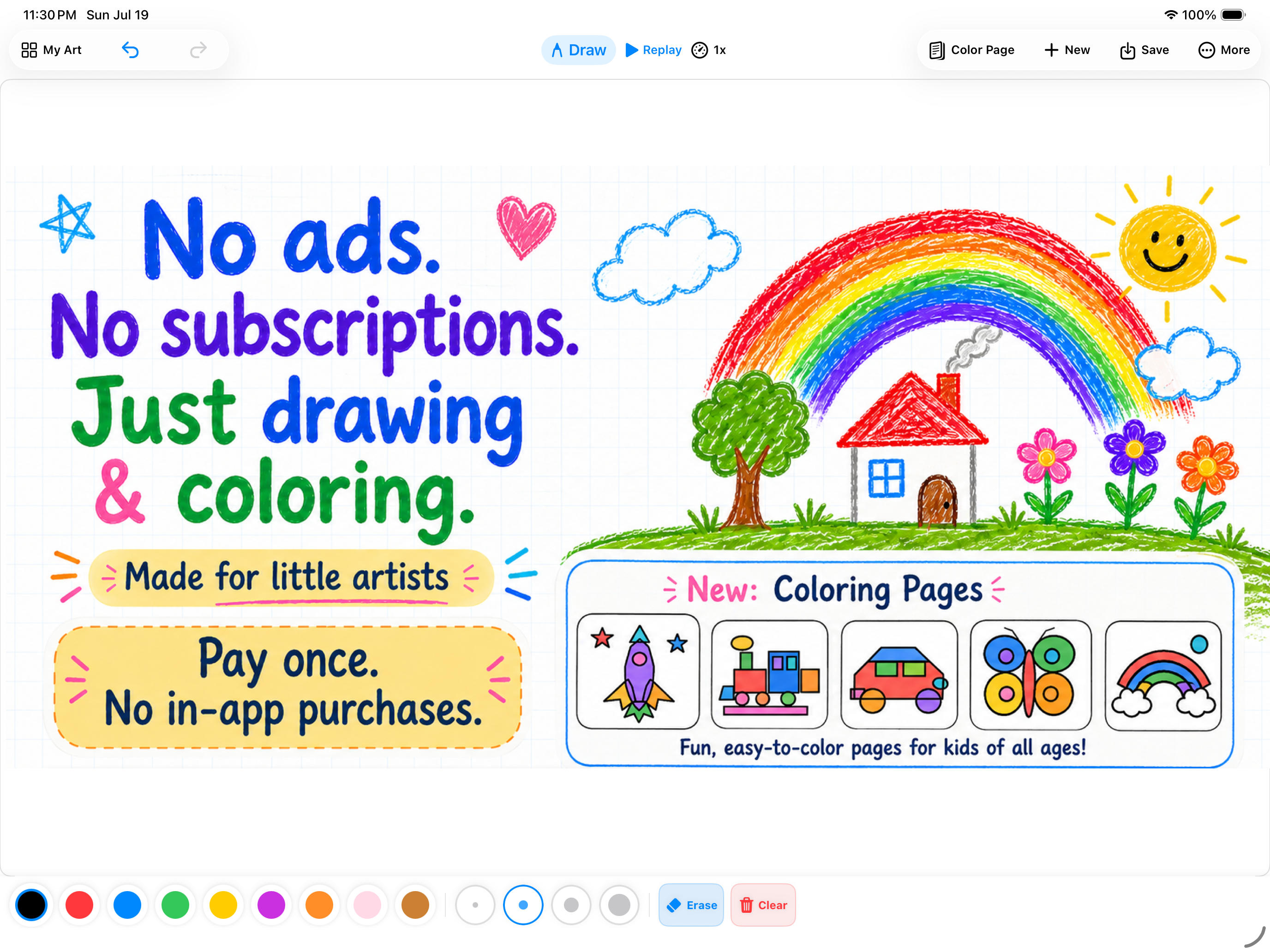 Drawing Board for Kids trust message and coloring page preview
