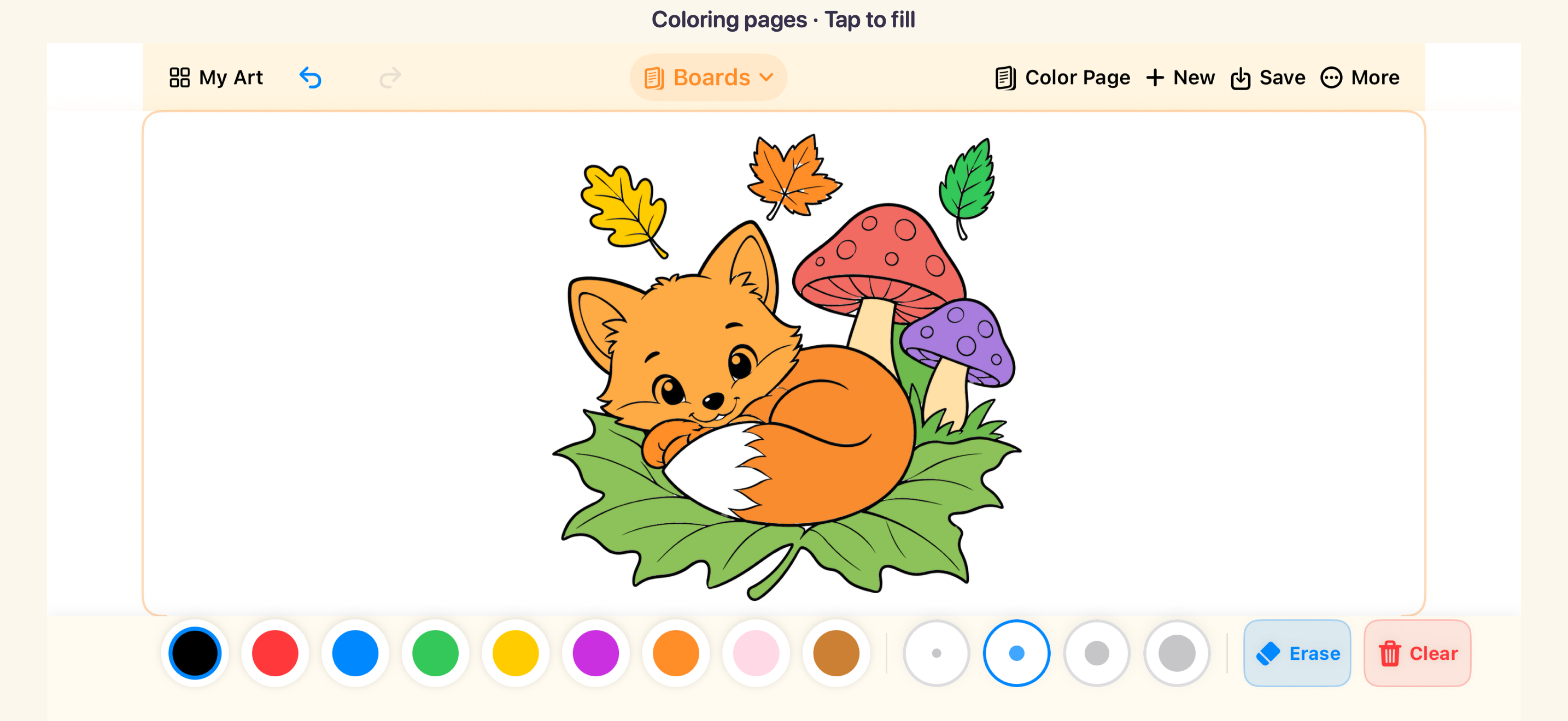 An orange fox colored in the app using tap-to-fill coloring