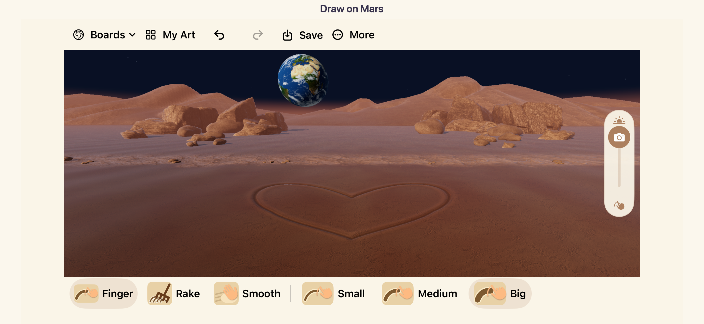 A heart carved into the app's 3D Mars terrain, with rocks, red hills, Earth in the sky, and Finger, Rake, and Smooth tools